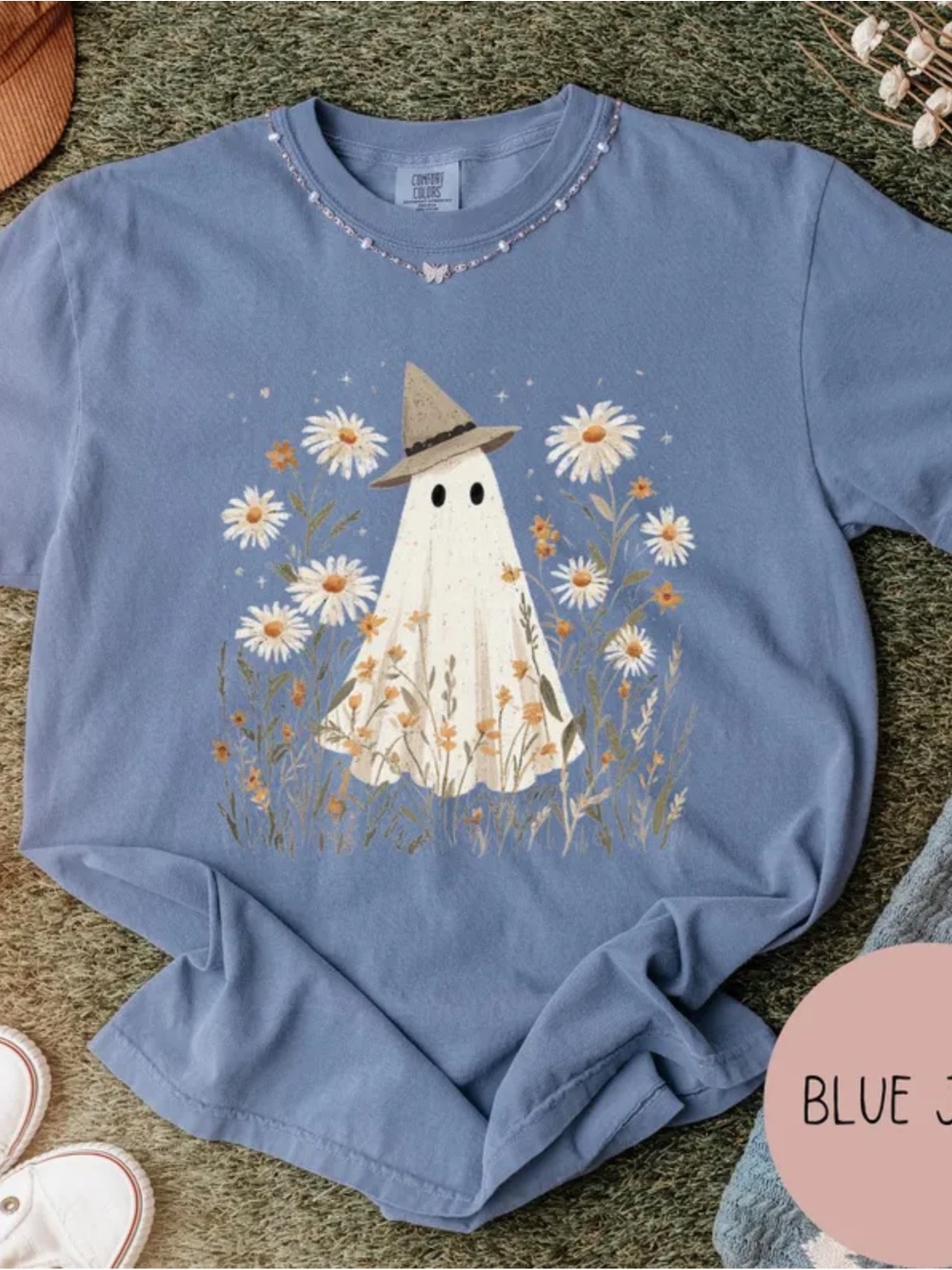Comfort Colors Blue Jean Short Sleeve Tee with Ghost & Daisy Graphic